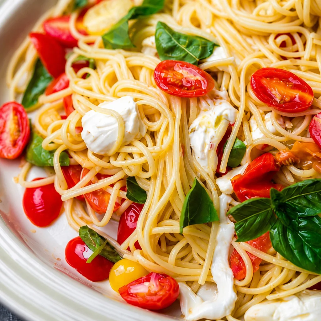 Caprese pasta with cherry tomatoes, mozzarella, and fresh basil in a bowl.