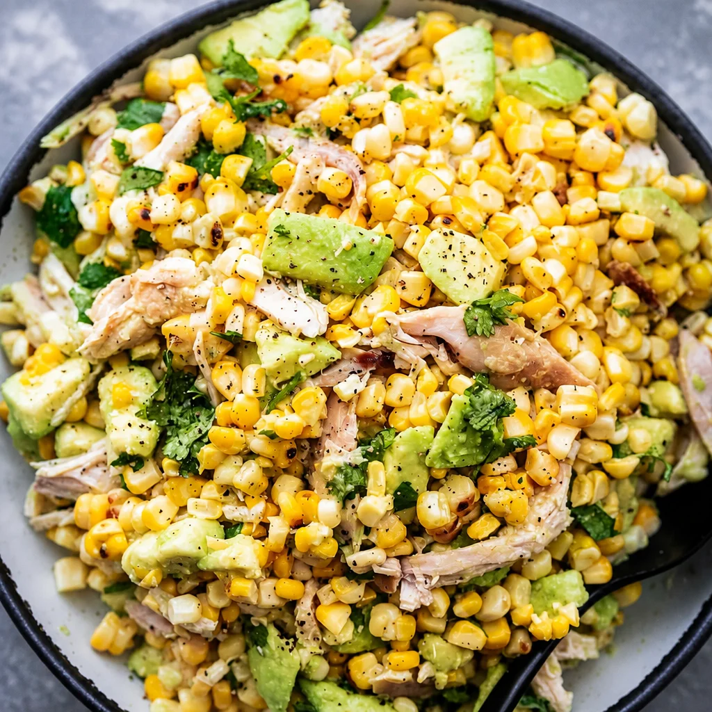 Delicious Corn and Avocado Chicken Salad with creamy avocado and sweet corn