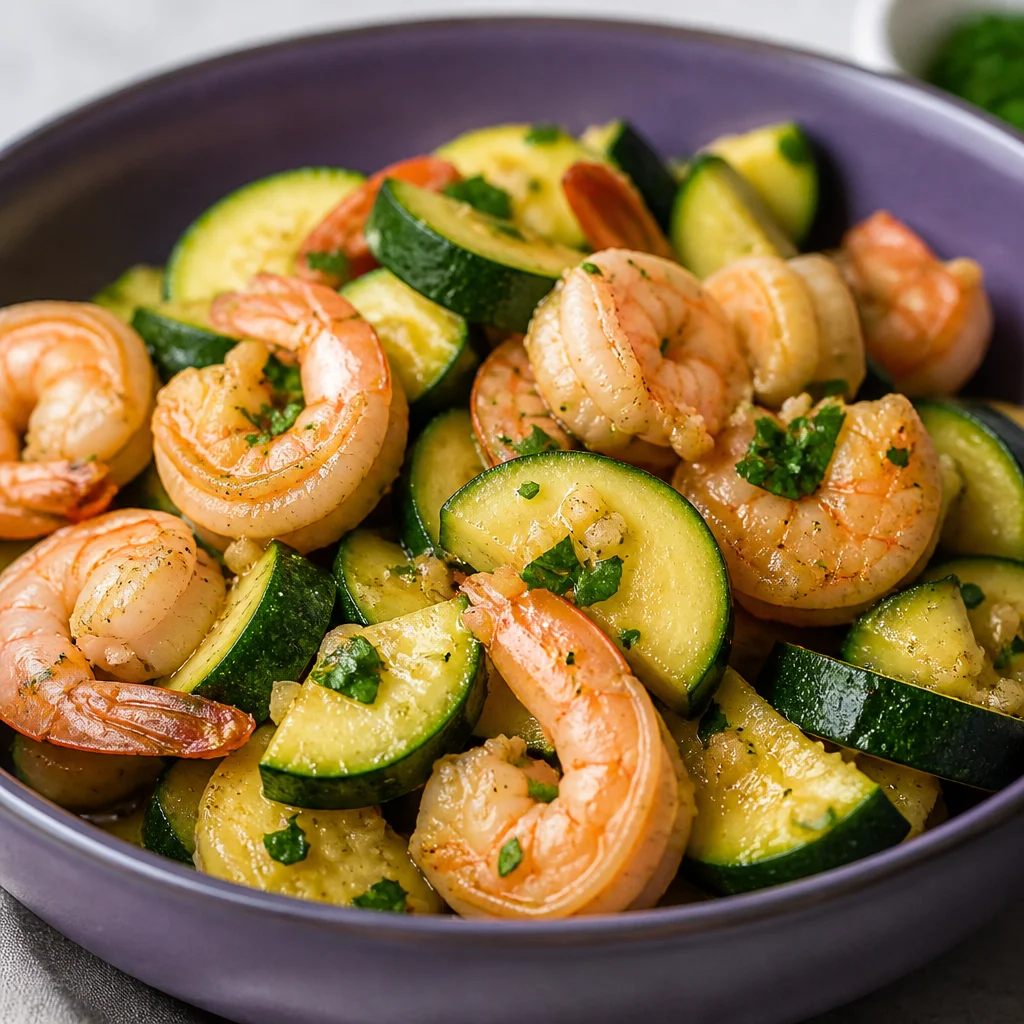 Garlic Butter Shrimp and Zucchini dish served in a vibrant bowl, showcasing fresh ingredients.
