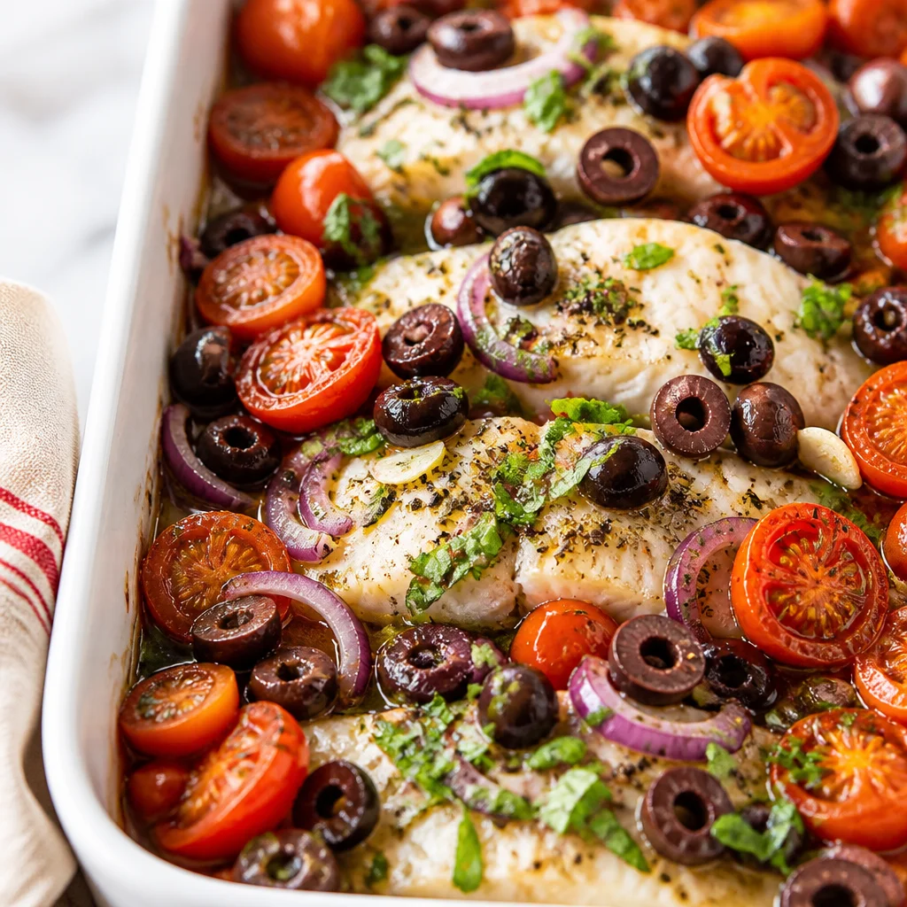 Mediterranean baked cod with tomatoes, olives, and garlic in a one-pan meal