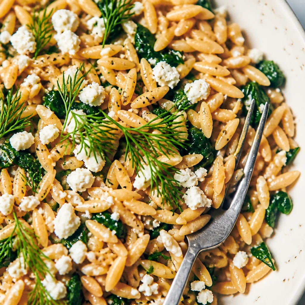 Delicious one-pot lemon orzo with spinach and feta, a flavorful vegetarian dish.