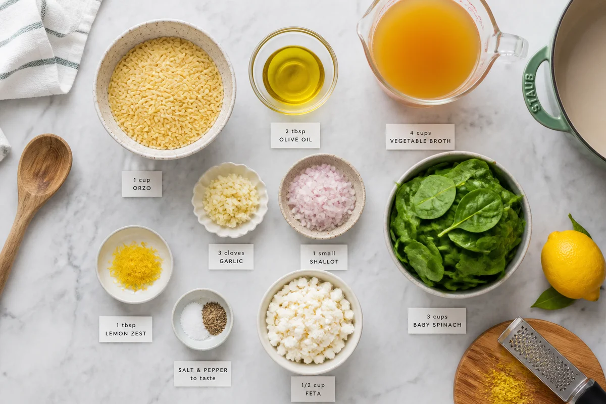 One-pot lemon orzo with spinach and feta.
