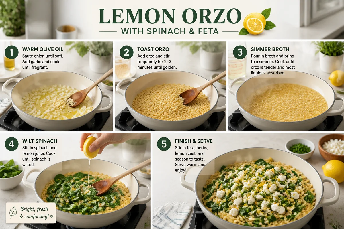 One-pot lemon orzo with spinach and feta.