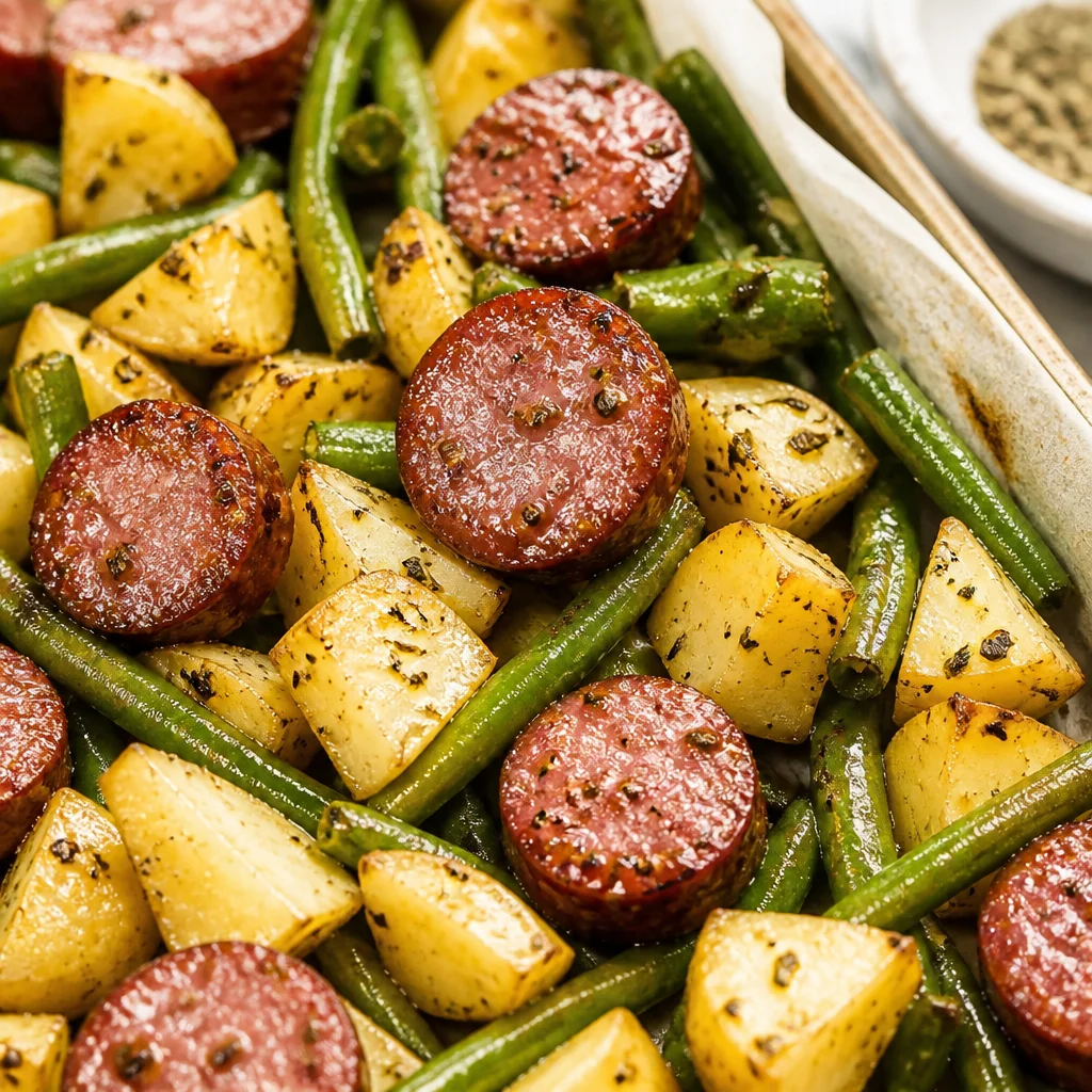 Sheet pan sausage, potatoes, and green beans dinner served on a table.