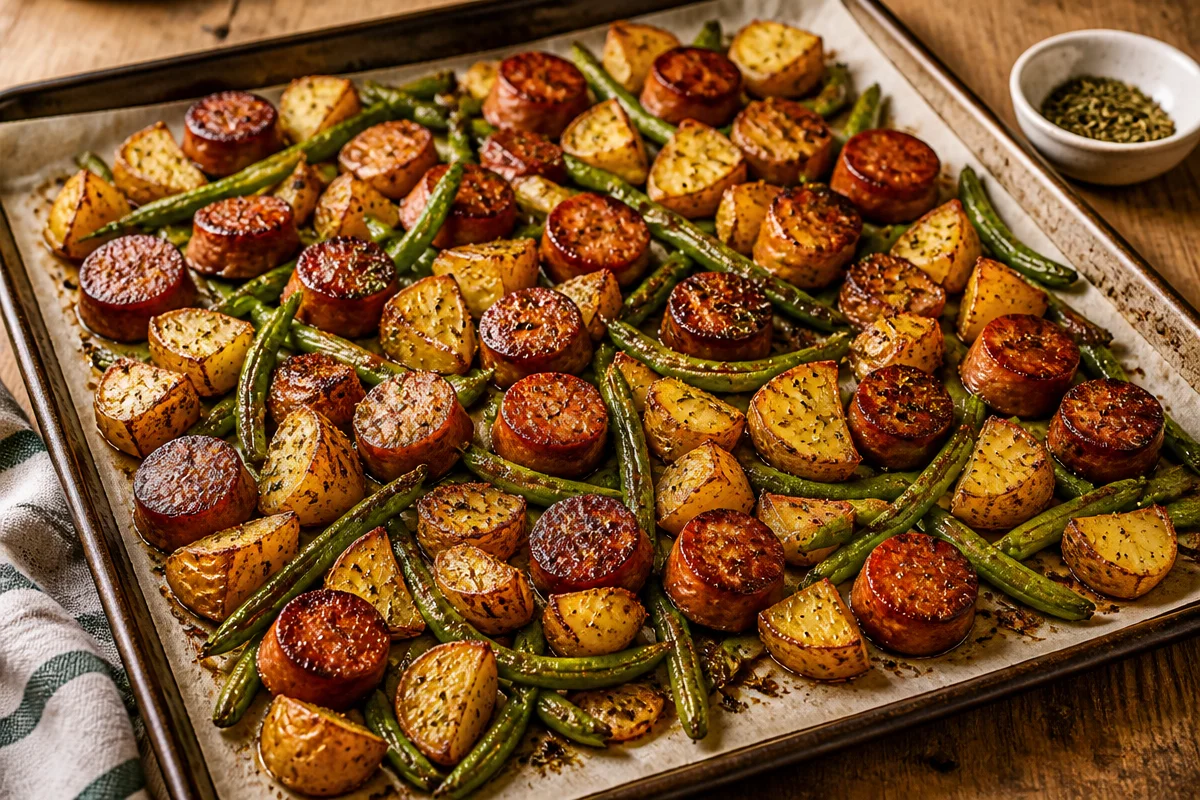 Delicious Sheet Pan Sausage, Potatoes, and Green Beans Dinner