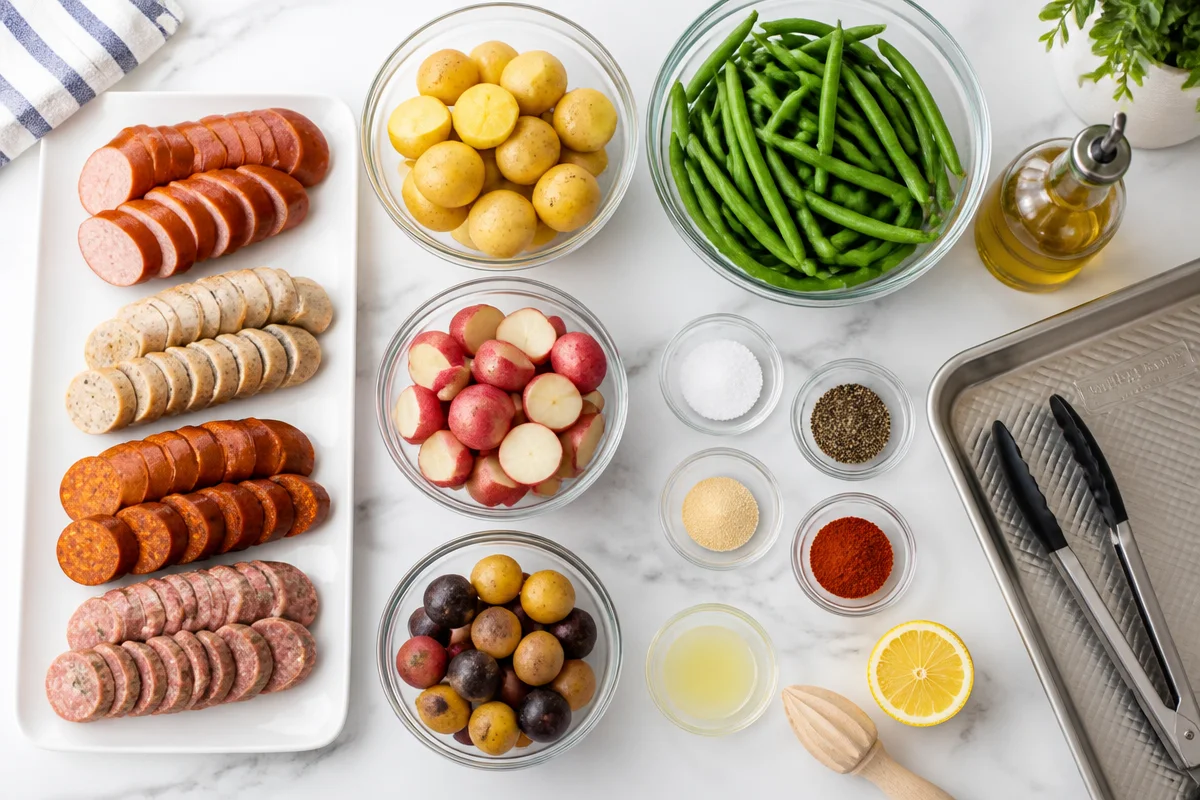 Sheet pan sausage, potatoes, and green beans.