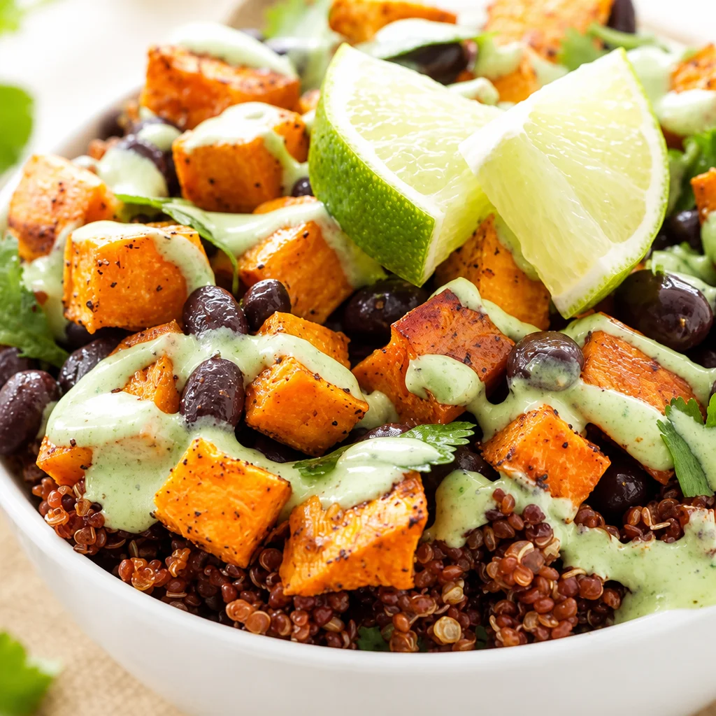 nutritious Sweet Potato Black Bean Quinoa Bowl with avocado-lime dressing