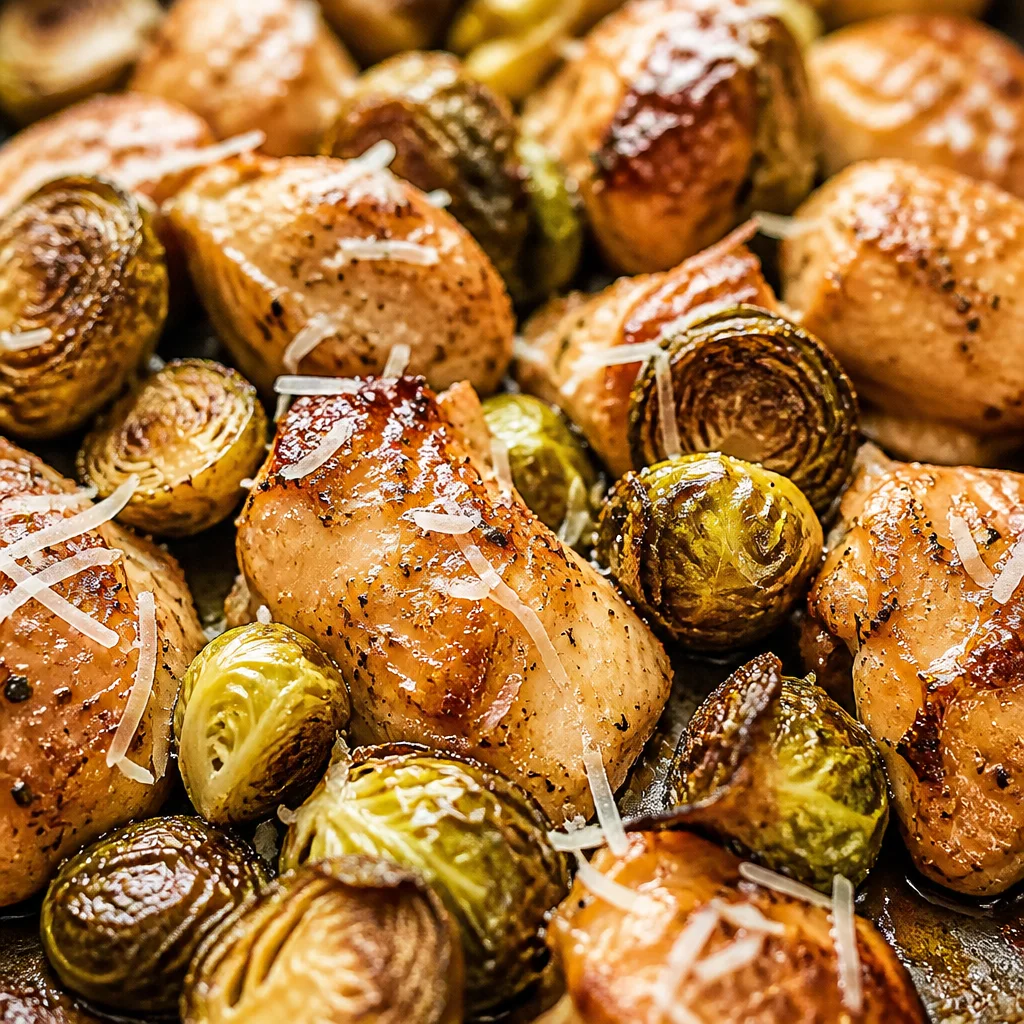 Sheet pan honey balsamic chicken with Brussels sprouts, a quick and easy dinner recipe.