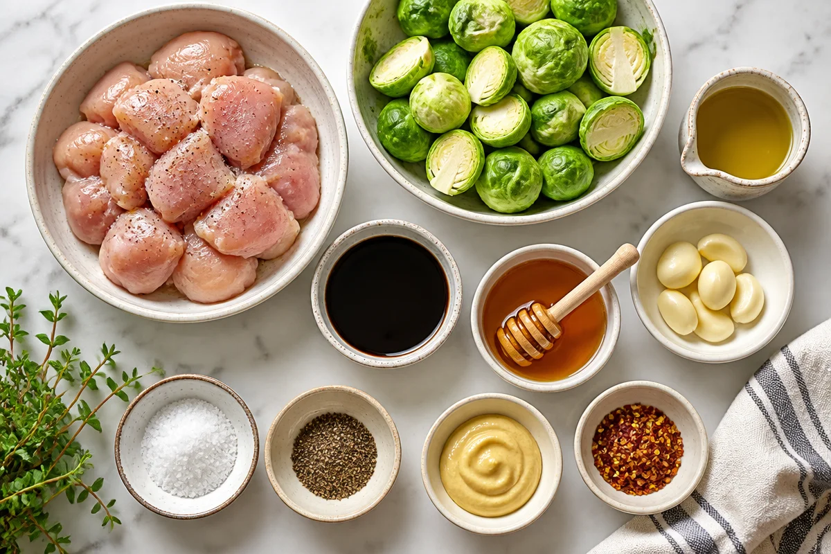 Sheet pan honey balsamic chicken and Brussels sprouts.