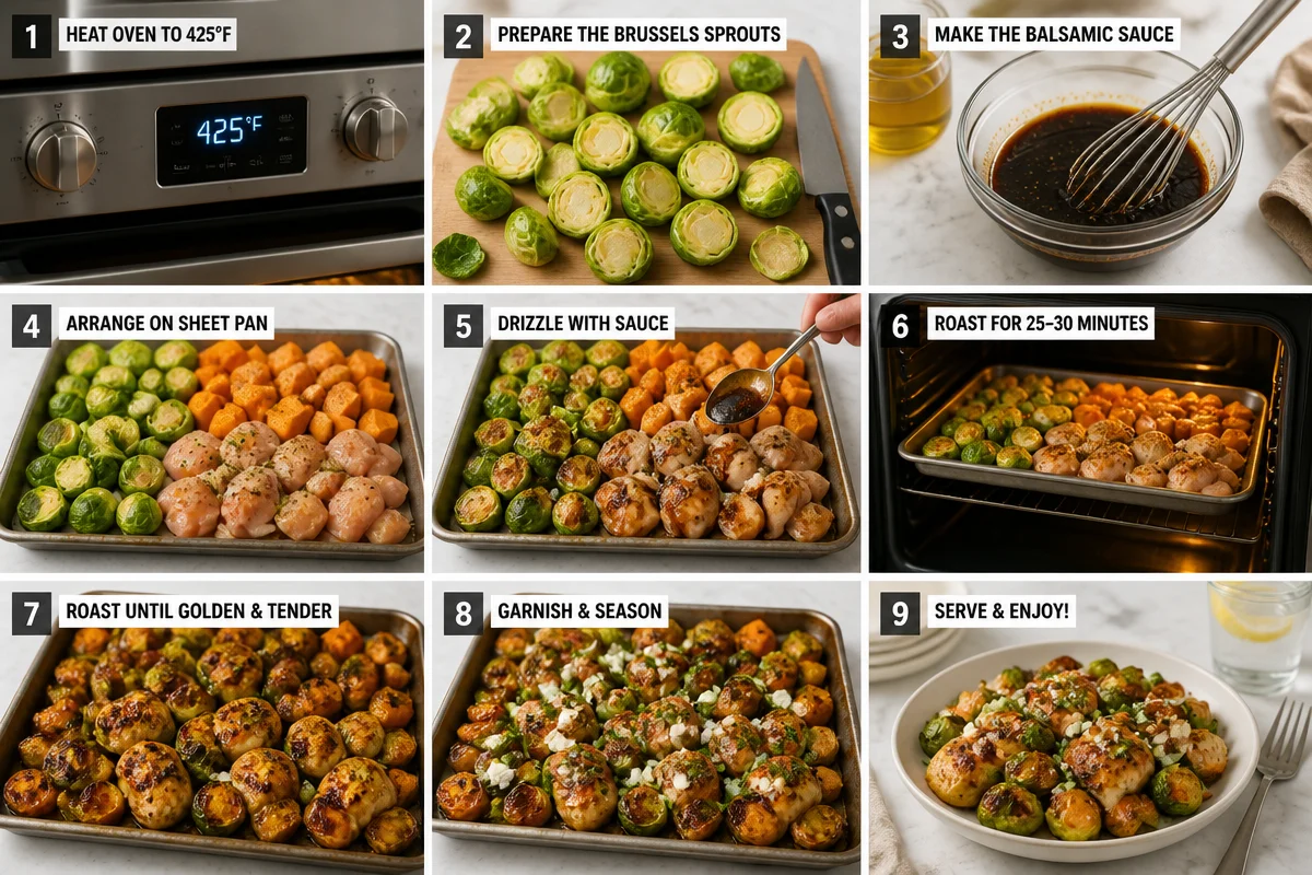 Sheet pan honey balsamic chicken and Brussels sprouts.
