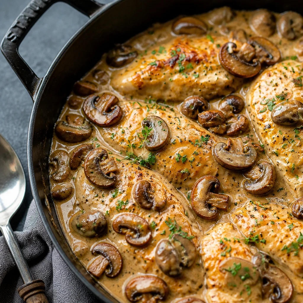 Delicious Mushroom Chicken Skillet with creamy sauce and tender chicken in a cast iron pan.