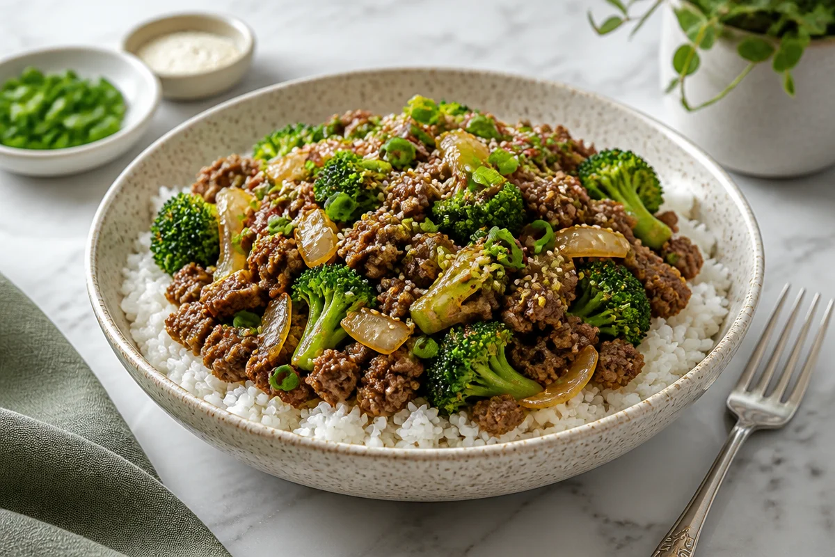 Ground beef and broccoli stir-fry.