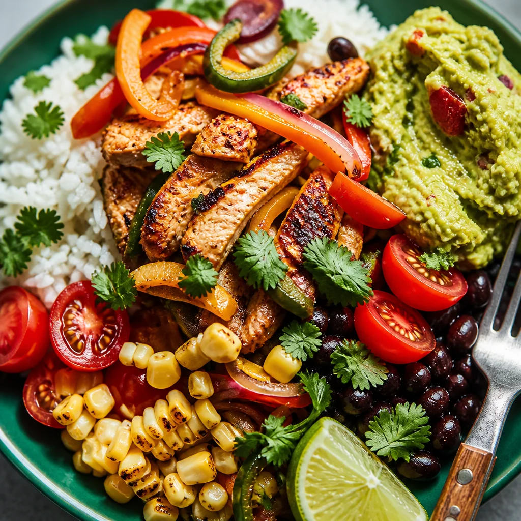 Delicious Chicken Fajita Bowl with chicken, peppers, rice, and guacamole on a wooden table.