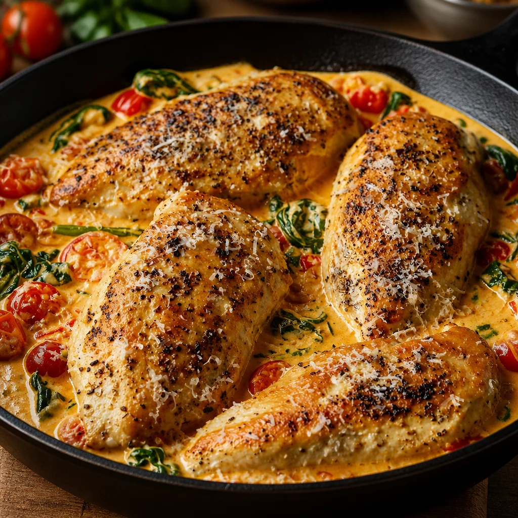 Creamy Tuscan chicken with spinach and sun-dried tomatoes in a rich sauce
