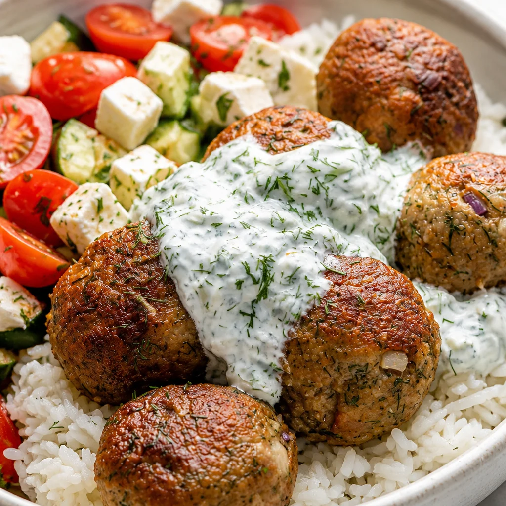 Greek turkey meatball bowls topped with tzatziki sauce, veggies, and rice.