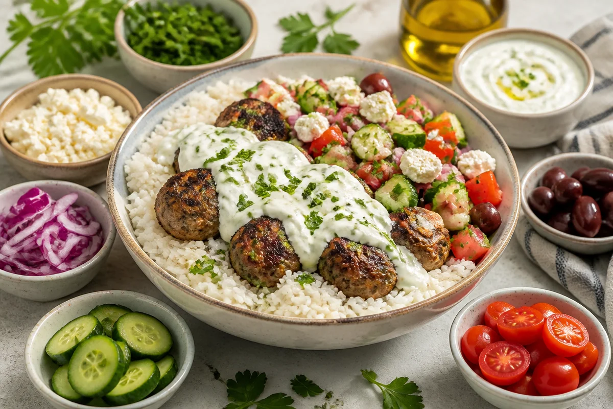 Greek turkey meatball bowls.