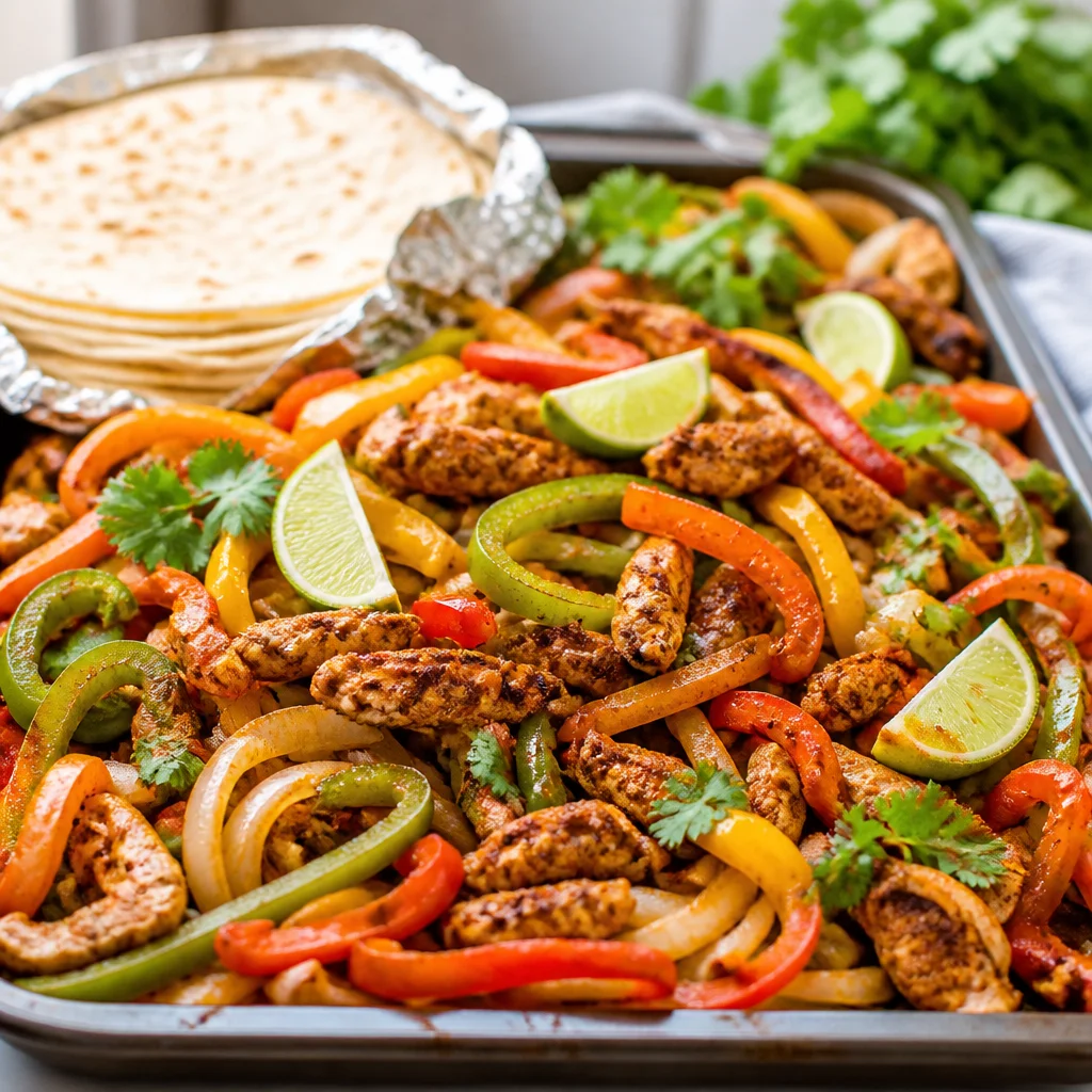 Sheet pan chicken fajitas with chicken and colorful bell peppers on a baking sheet.