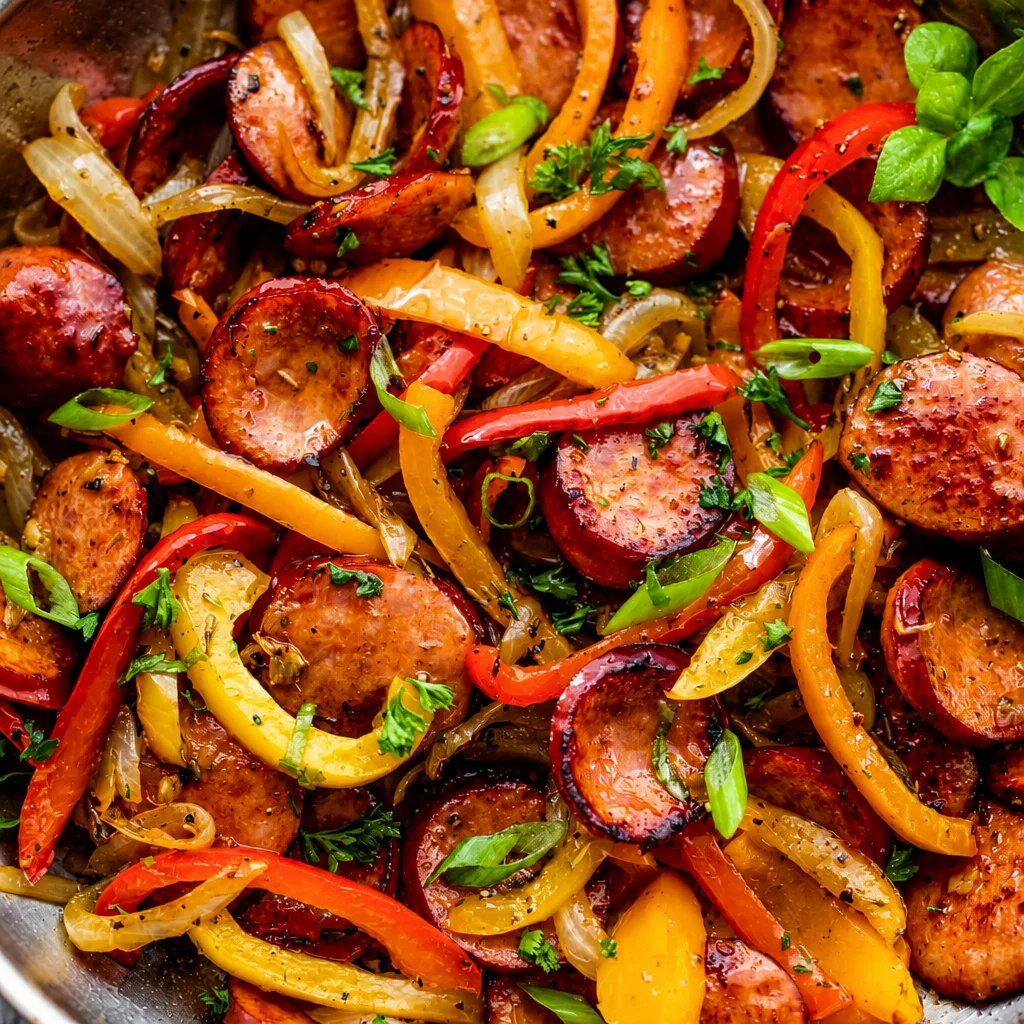 Delicious sausage and pepper skillet with colorful bell peppers and onions in a pan.