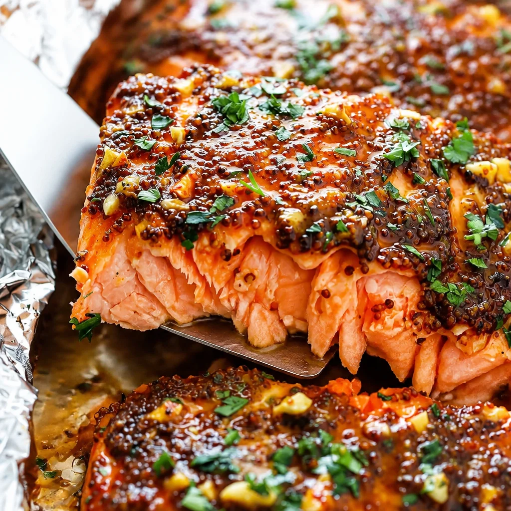 Delicious honey mustard salmon fillet topped with a homemade glaze.