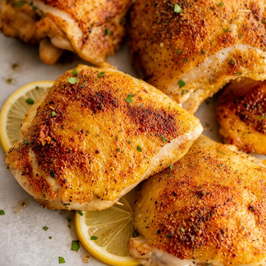 Juicy baked lemon pepper chicken thighs served with lemon wedges and herbs.