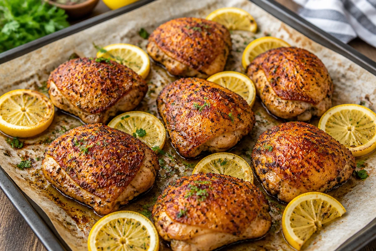 Baked lemon pepper chicken thighs.