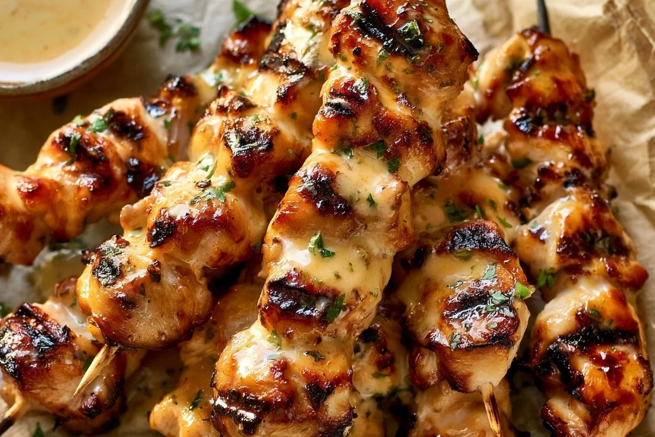 Delicious Bang Bang Chicken Skewers on a grill ready to serve