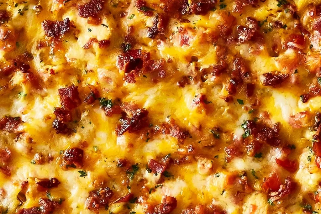 Delicious BBQ Ranch Chicken Casserole served in a baking dish