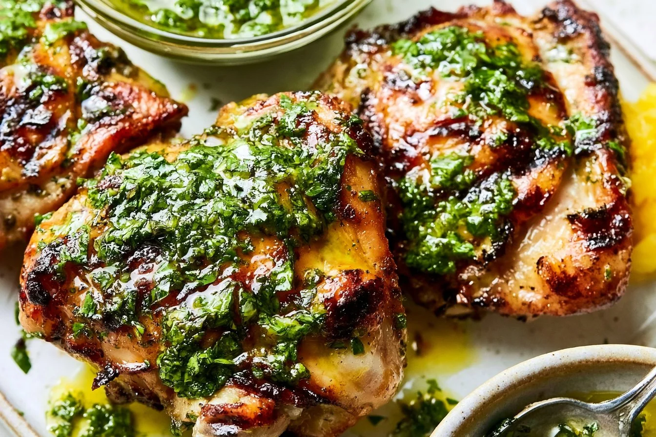 Grilled Chimichurri Chicken Thighs garnished with fresh herbs