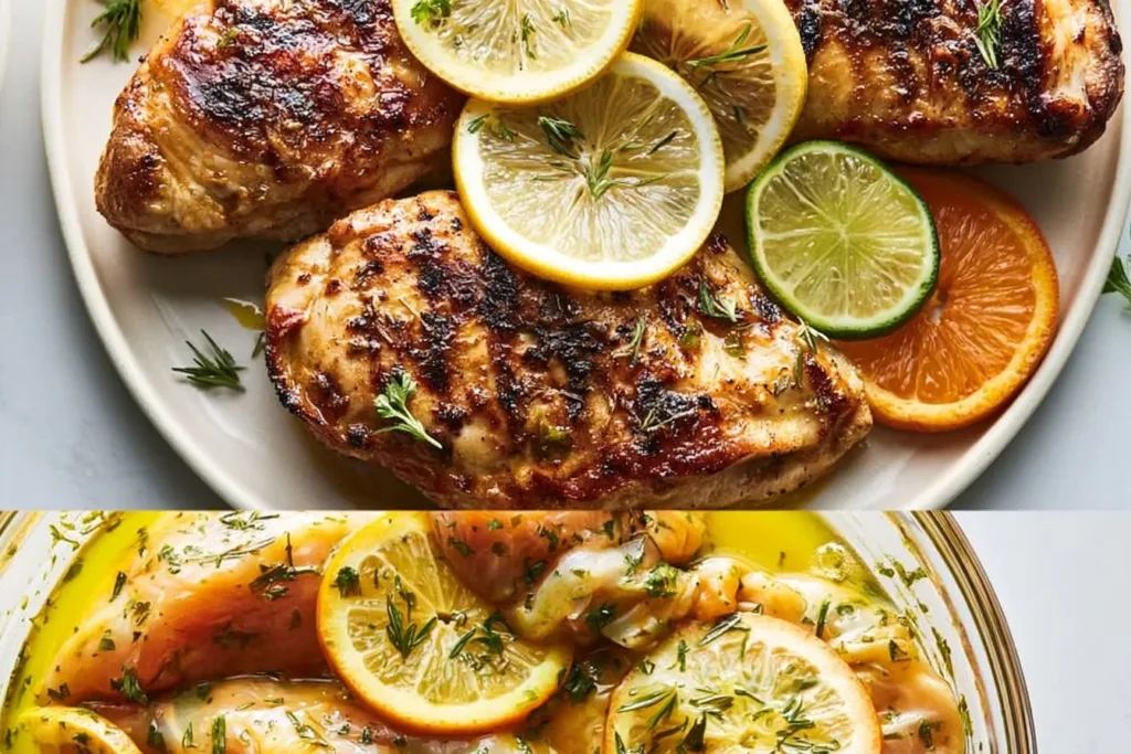 Citrus Dijon Grilled Chicken marinade in a bowl with fresh ingredients.