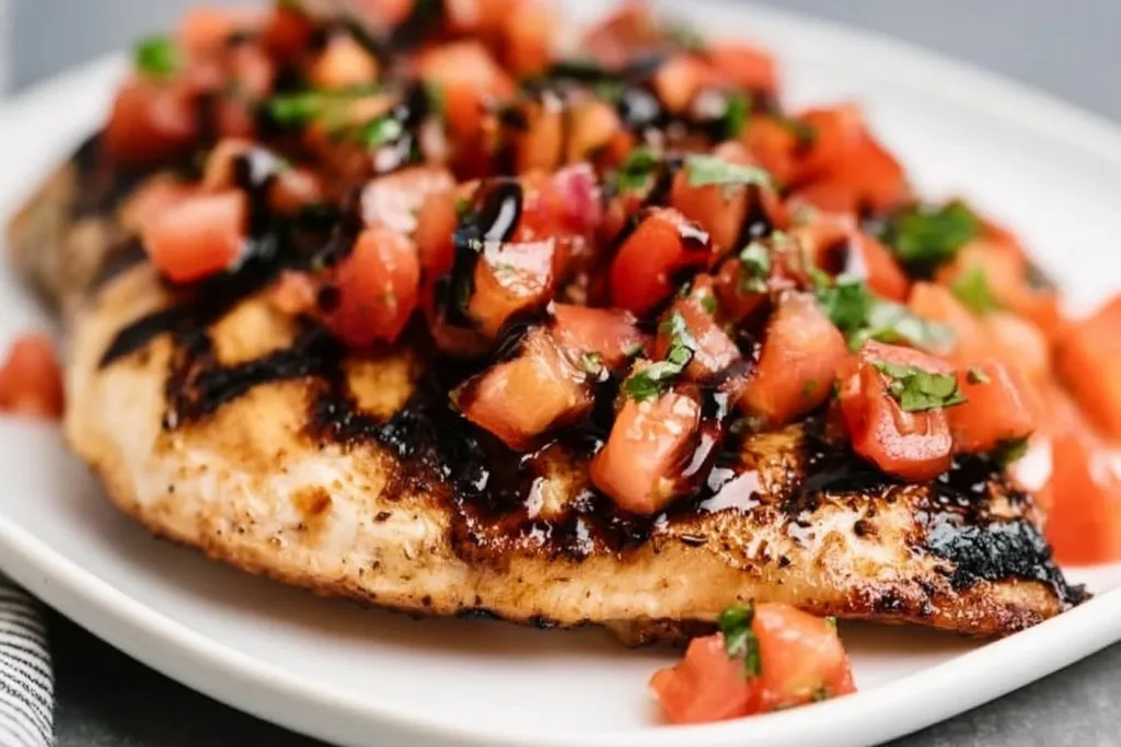Delicious grilled chicken bruschetta topped with tomatoes and basil