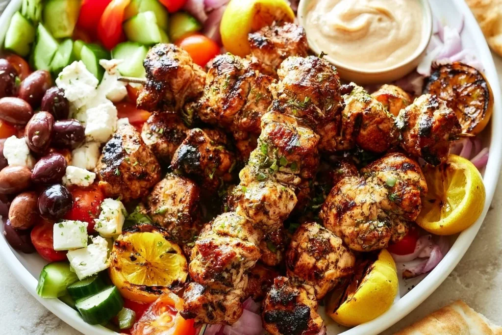 Grilled Greek Chicken Kabobs served with vegetables and tzatziki sauce