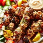 Grilled Greek Chicken Kabobs served with vegetables and tzatziki sauce