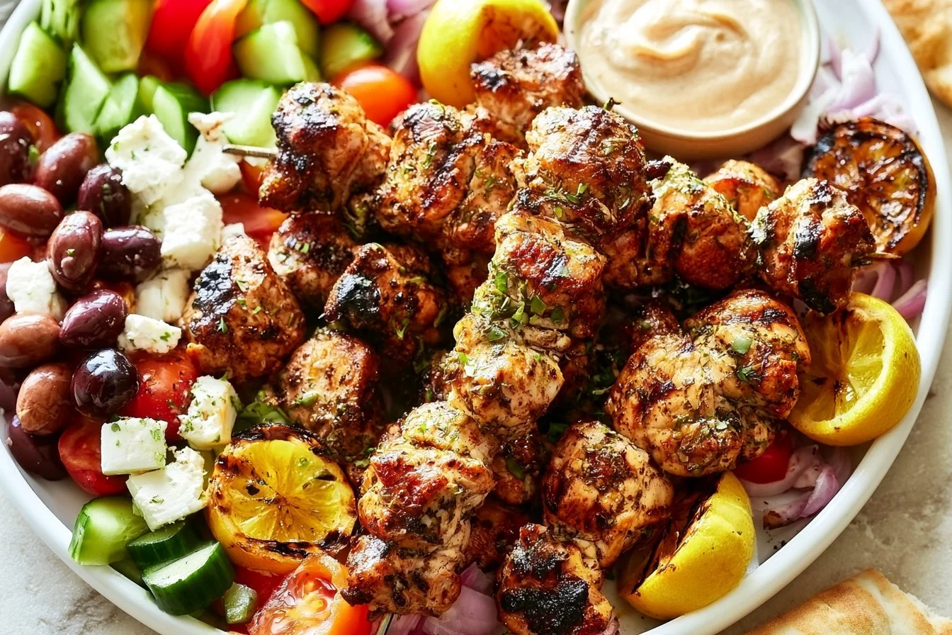 Grilled Greek Chicken Kabobs served with vegetables and tzatziki sauce
