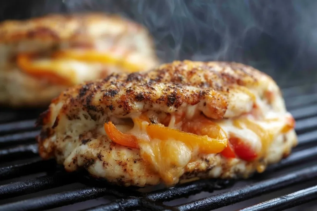 Grilled chicken stuffed with cheese and peppers on a plate.