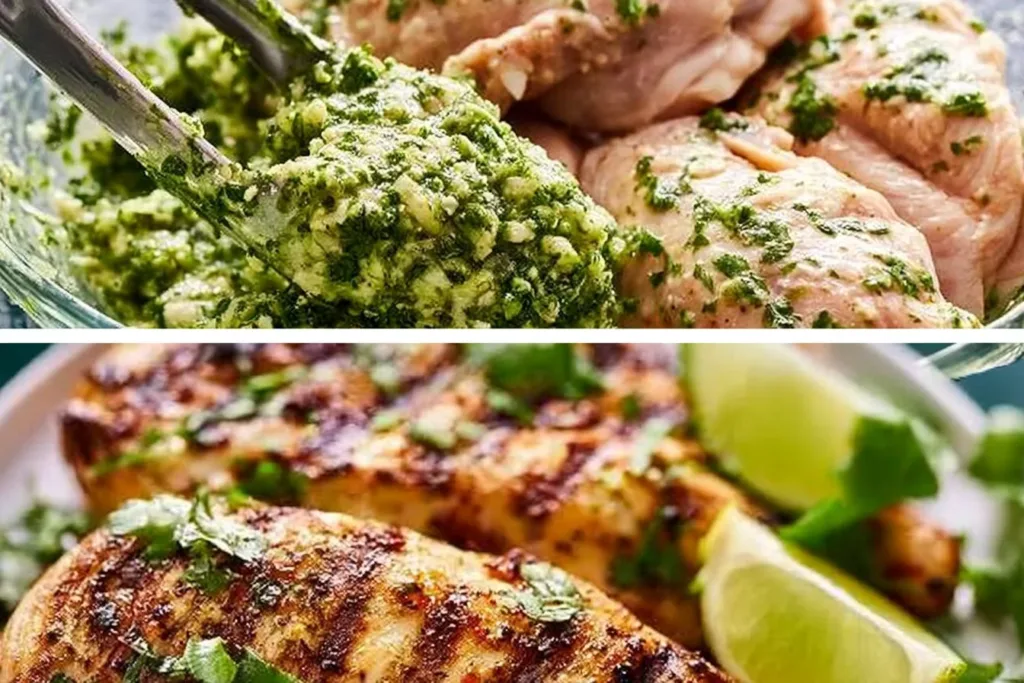 Grilled cilantro lime chicken served with fresh herbs and lime slices