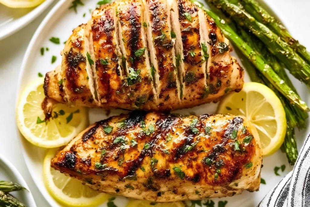 Juicy grilled lemon chicken served on a plate with fresh herbs.