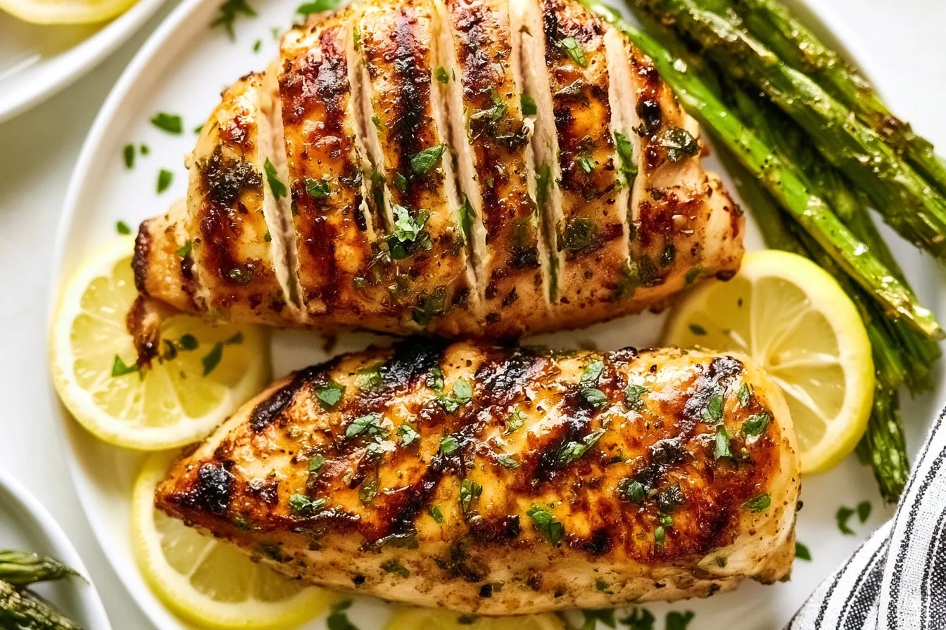 Juicy grilled lemon chicken served on a plate with fresh herbs.