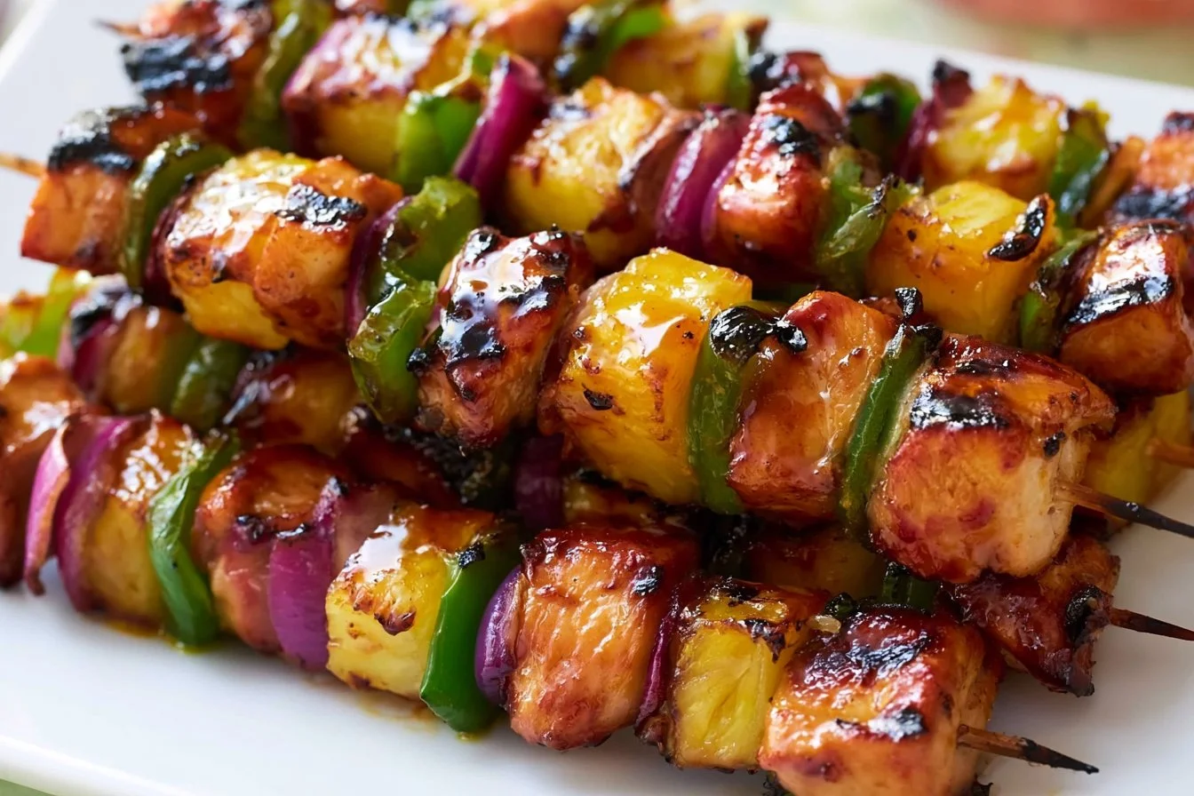 Grilled Hawaiian Chicken Kebabs with pineapple and bell peppers