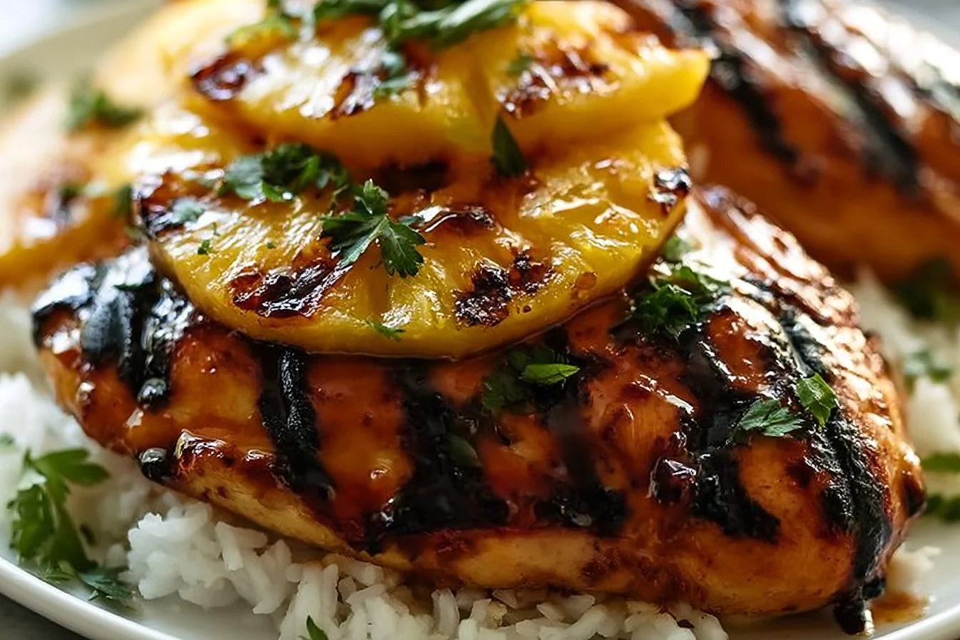 Plate of Hawaiian Chicken served with pineapple and coconut rice