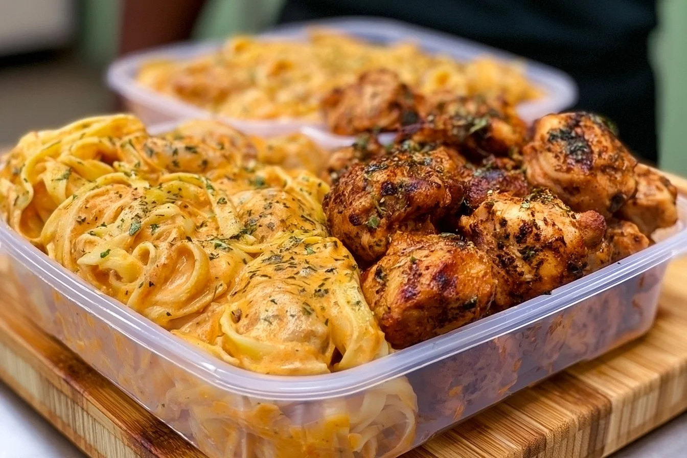 Delicious high protein grilled chicken alfredo pasta garnished with parsley.