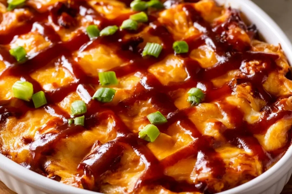 Keto BBQ Chicken Casserole topped with melted cheese and fresh herbs