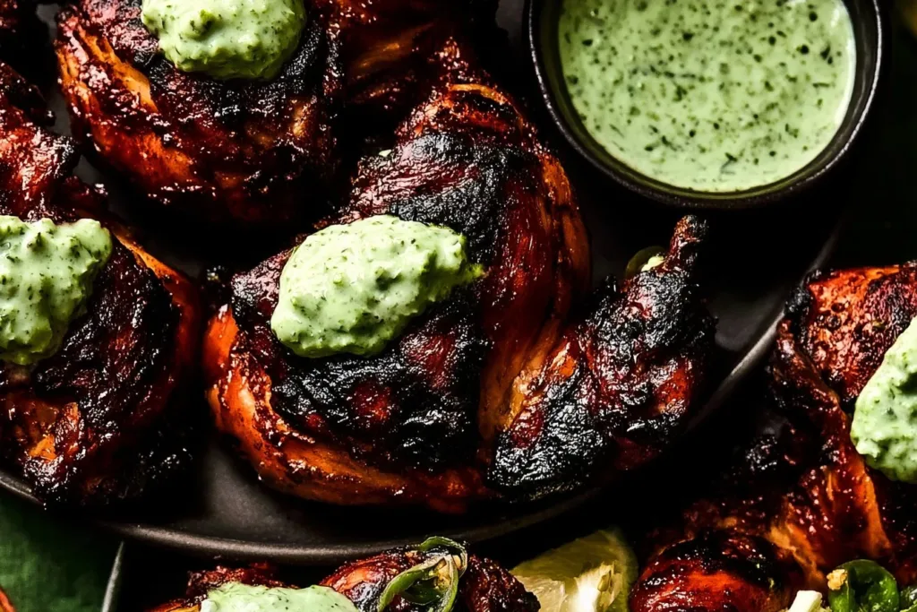 Plate of Peruvian chicken served with creamy green sauce