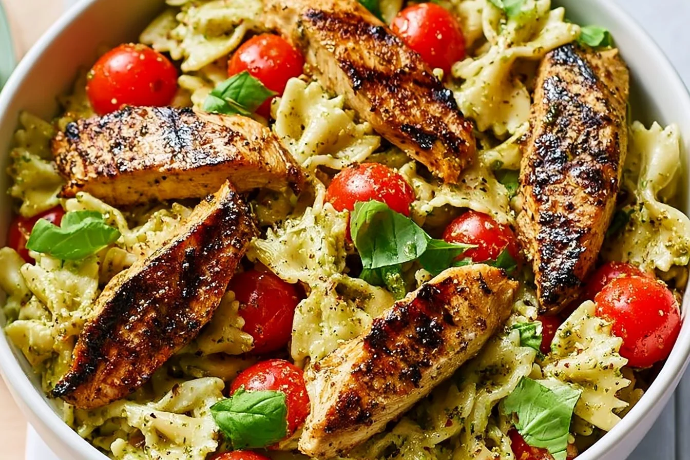 Pesto pasta topped with grilled chicken and fresh herbs