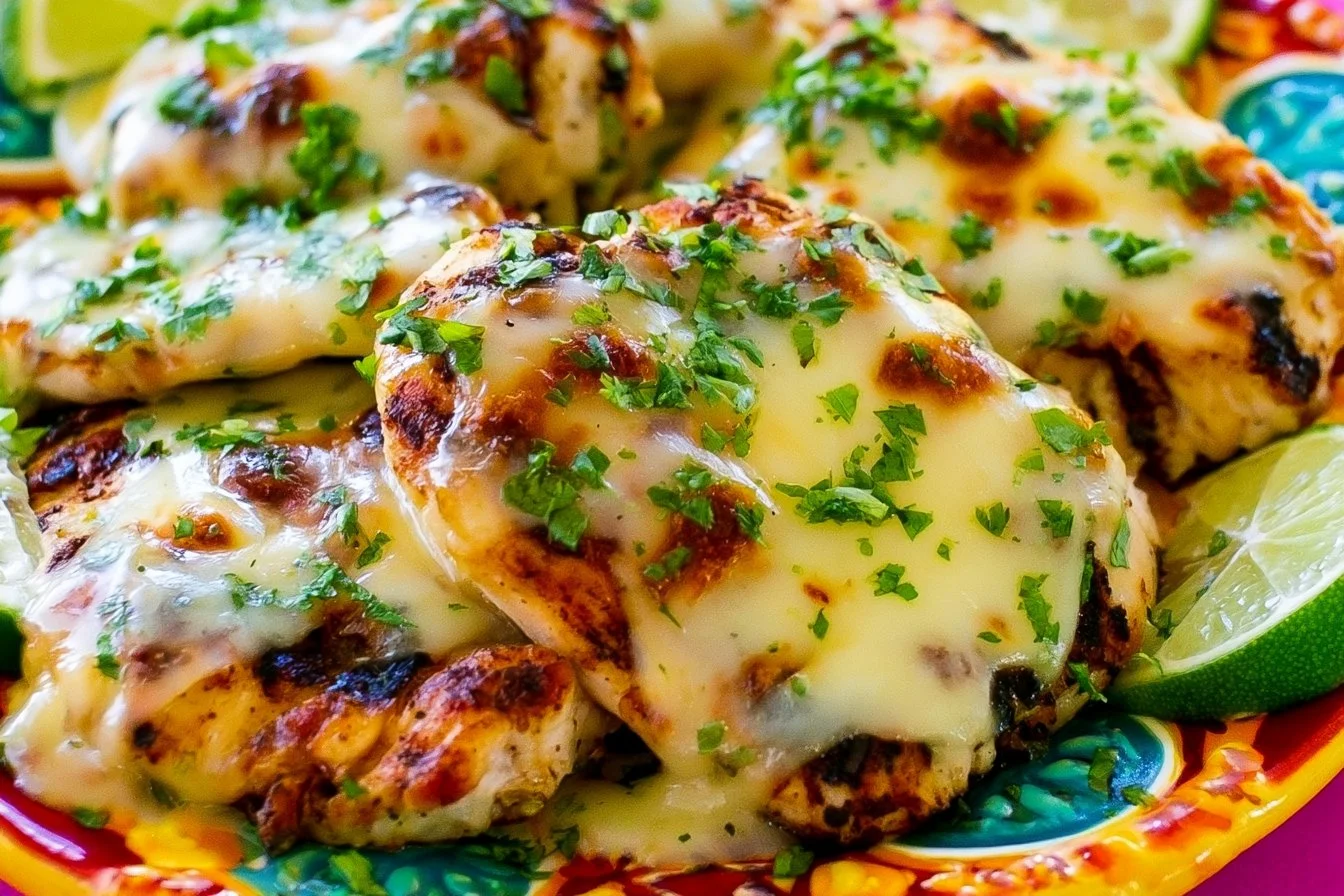 Salsa Verde Chicken topped with Pepper Jack Cheese on a plate