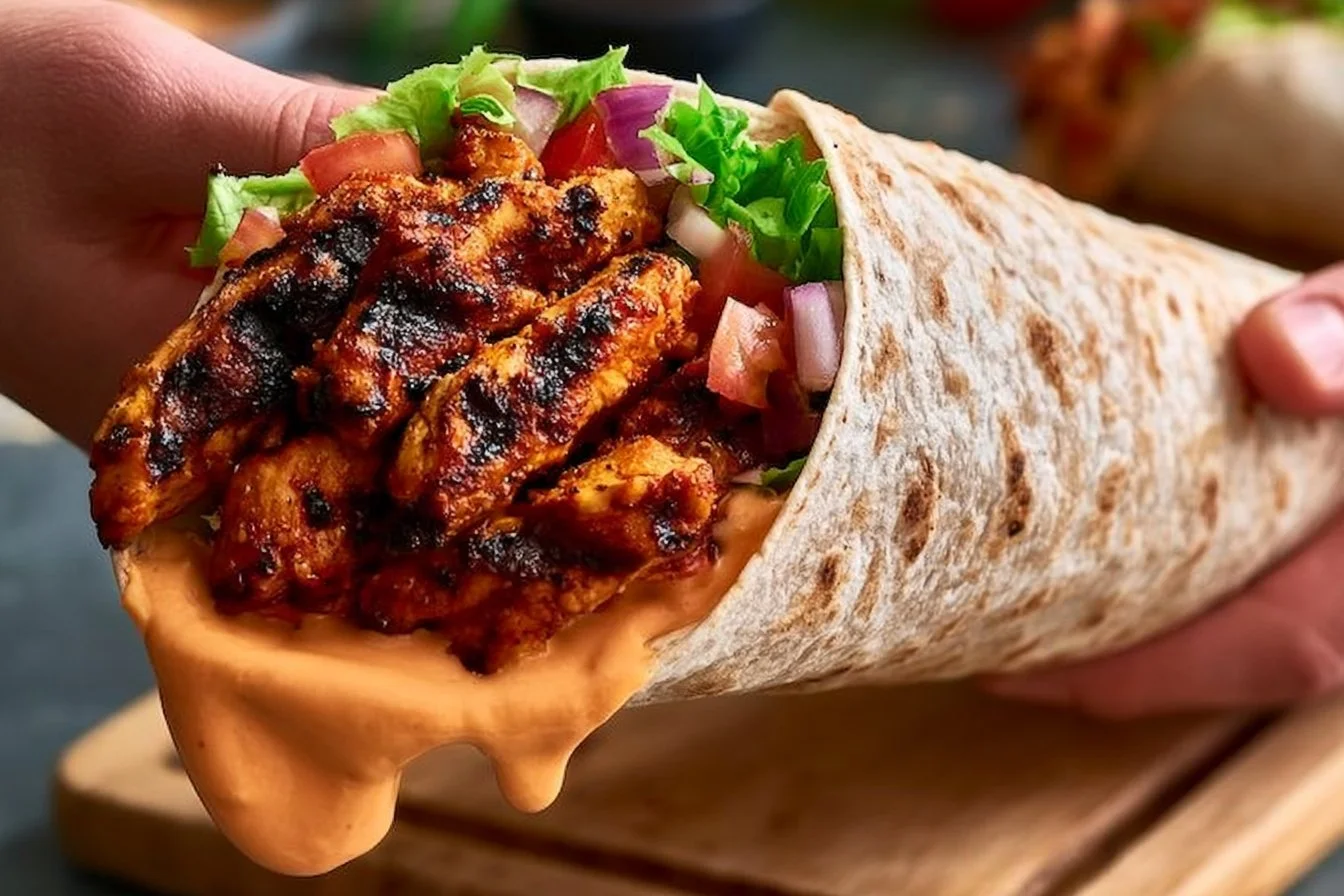 Spicy grilled chicken wraps with fresh vegetables and vibrant sauces