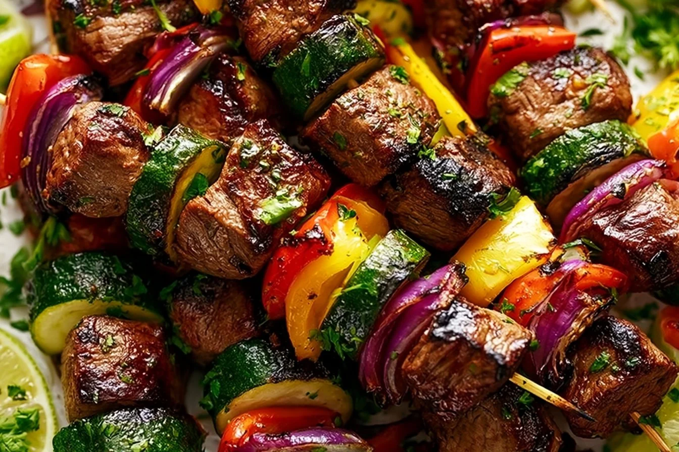 Delicious grilled steak kabobs featuring colorful vegetables on skewers.