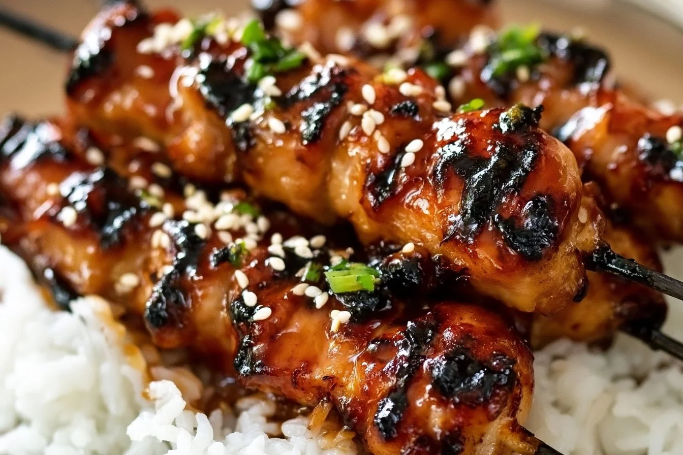 Delicious teriyaki chicken skewers grilled on a barbecue