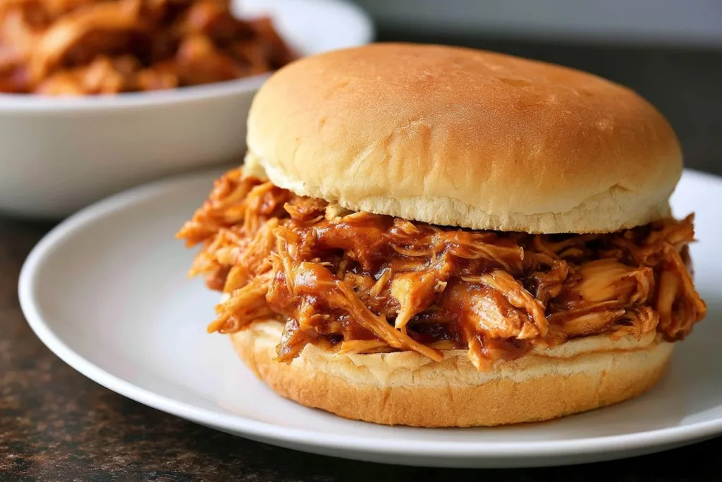 Delicious pulled BBQ chicken cooked in a Crockpot